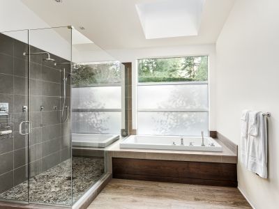 Open Concept Shower with Stone Tiles